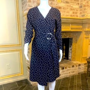 ZARA NAVY BLUE POLKA DOT ASYMMETRIC WRAP DRESS WITH BELT /M